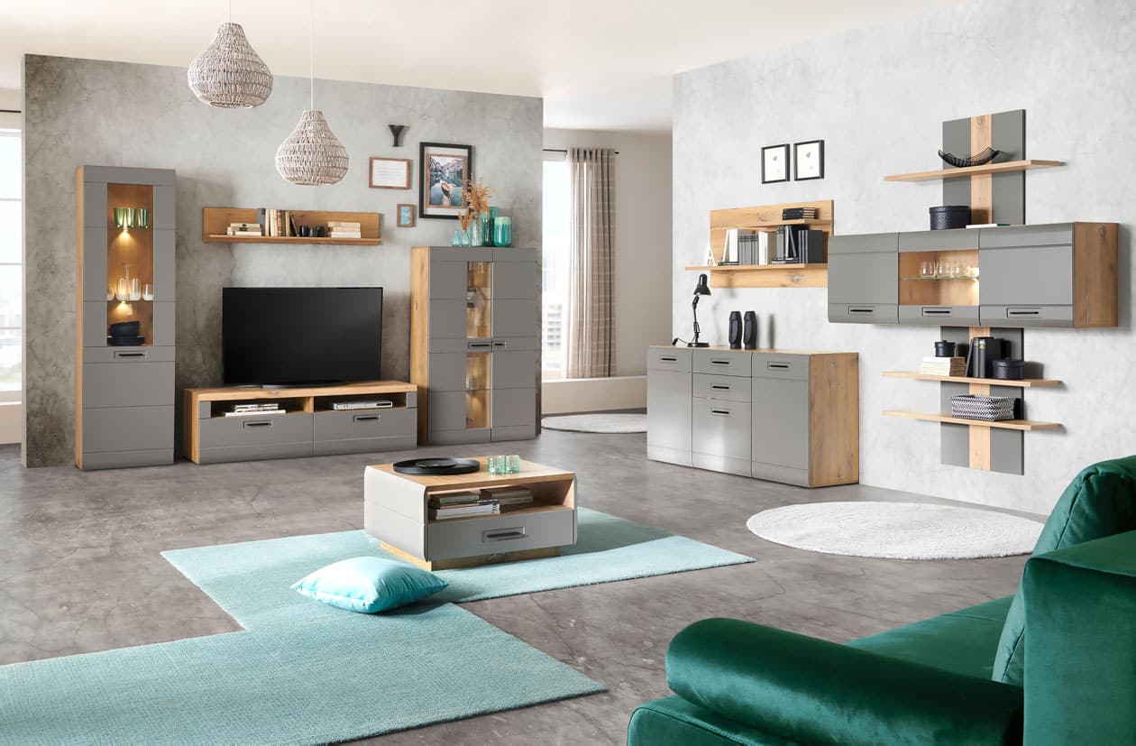 Elegantná obývačka v šedej farbe a hnedom dekore Obývacia izba Auris seda